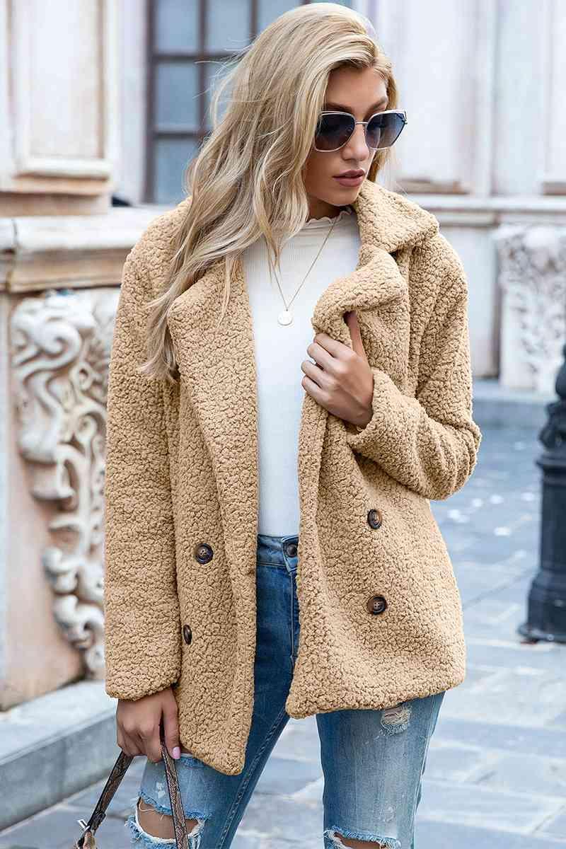 Lapel Collar Double-Breasted Sherpa Jacket - MXSTUDIO.COM