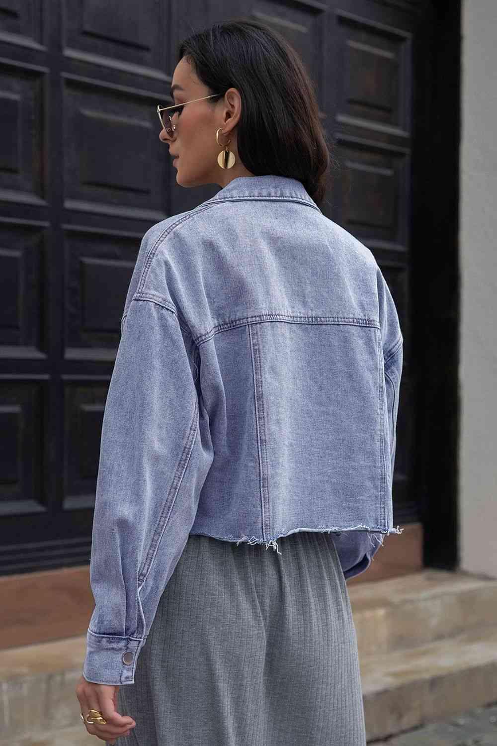 Lapel Collar Raw Hem Cropped Denim Jacket - MXSTUDIO.COM