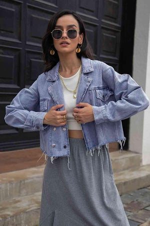 Lapel Collar Raw Hem Cropped Denim Jacket - MXSTUDIO.COM