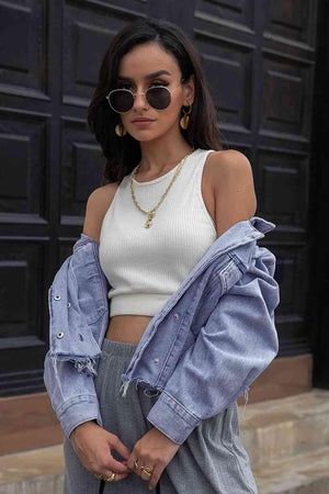 Lapel Collar Raw Hem Cropped Denim Jacket - MXSTUDIO.COM