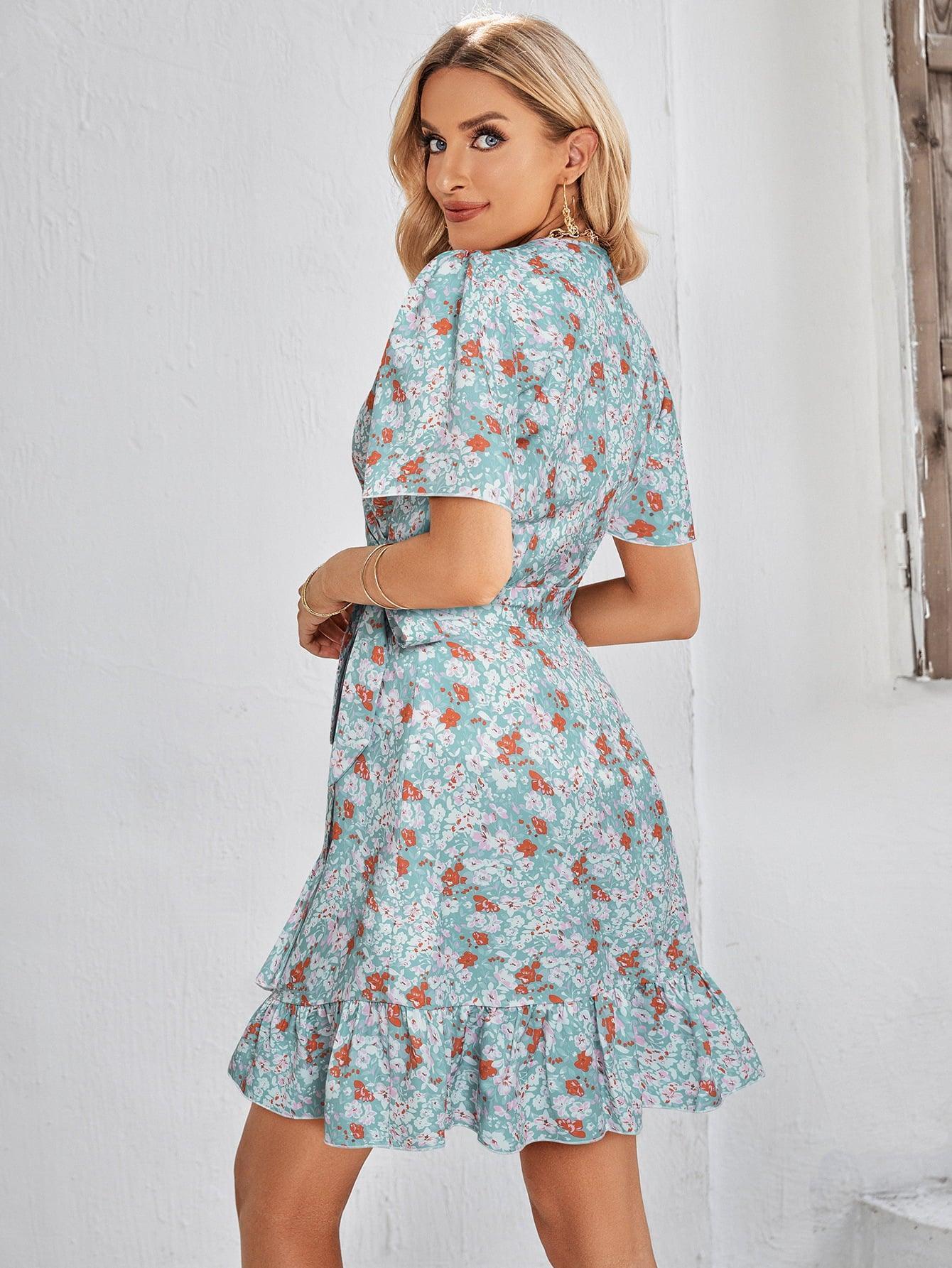 Lasting Beauty Floral Tie Belt Ruffle Hem Mini Dress - MXSTUDIO.COM