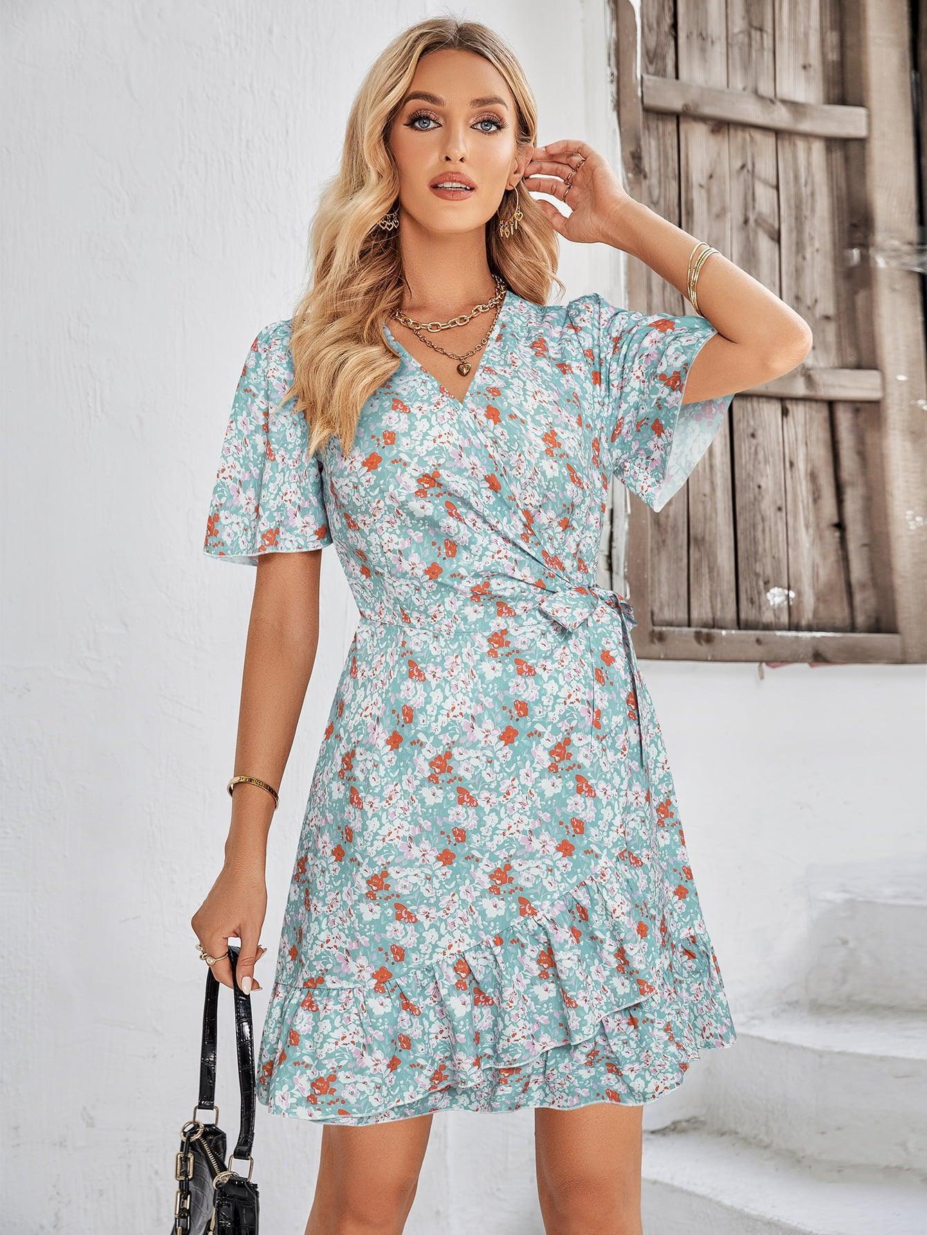 Lasting Beauty Floral Tie Belt Ruffle Hem Mini Dress - MXSTUDIO.COM