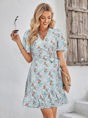 Lasting Beauty Floral Tie Belt Ruffle Hem Mini Dress - MXSTUDIO.COM