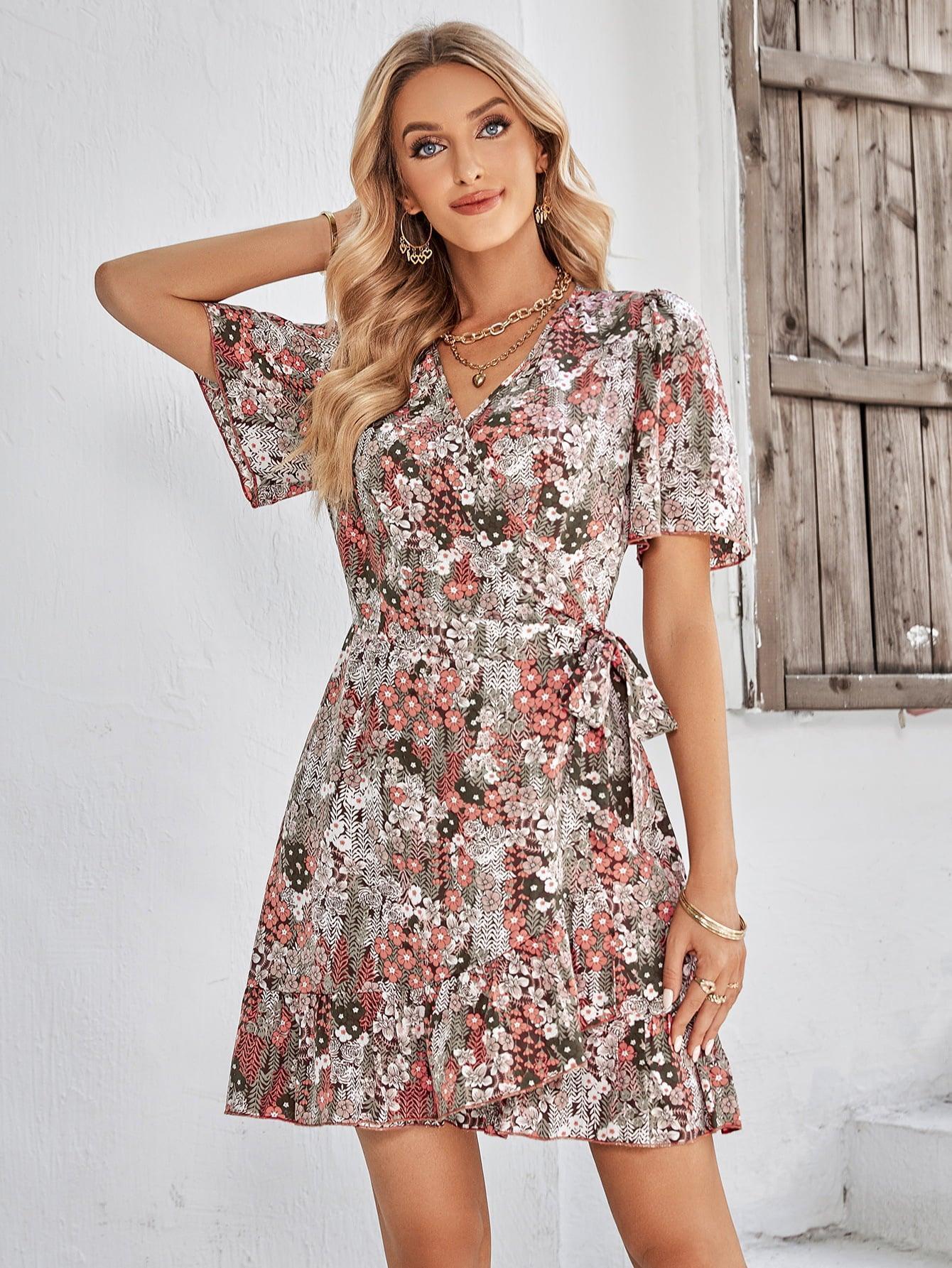 Lasting Beauty Floral Tie Belt Ruffle Hem Mini Dress - MXSTUDIO.COM