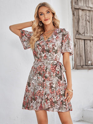 Lasting Beauty Floral Tie Belt Ruffle Hem Mini Dress - MXSTUDIO.COM