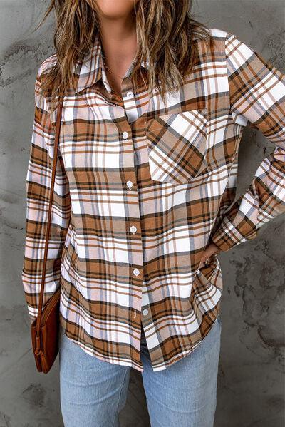 a woman wearing a brown and white plaid shirt