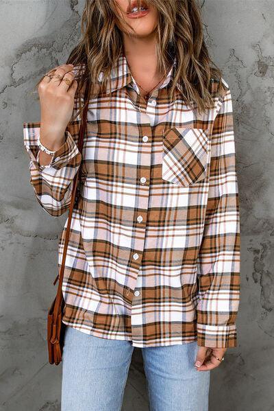 a woman wearing a brown and white plaid shirt