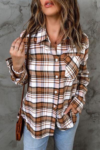 a woman wearing a brown and white plaid shirt