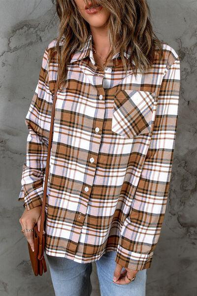 a woman wearing a brown and white plaid shirt