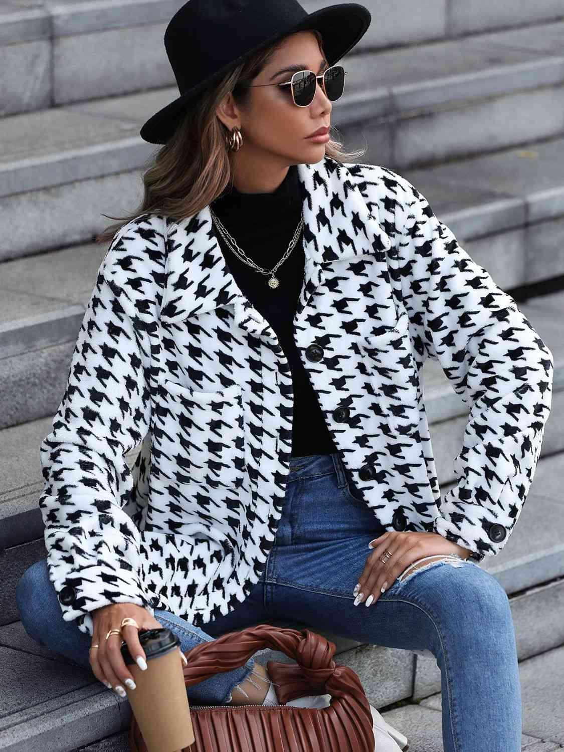 Lasting Warmth Button Down Houndstooth Jacket-MXSTUDIO.COM