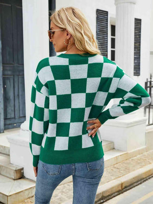 Lasting Warmth Crew Neck Checkered Sweater-MXSTUDIO.COM