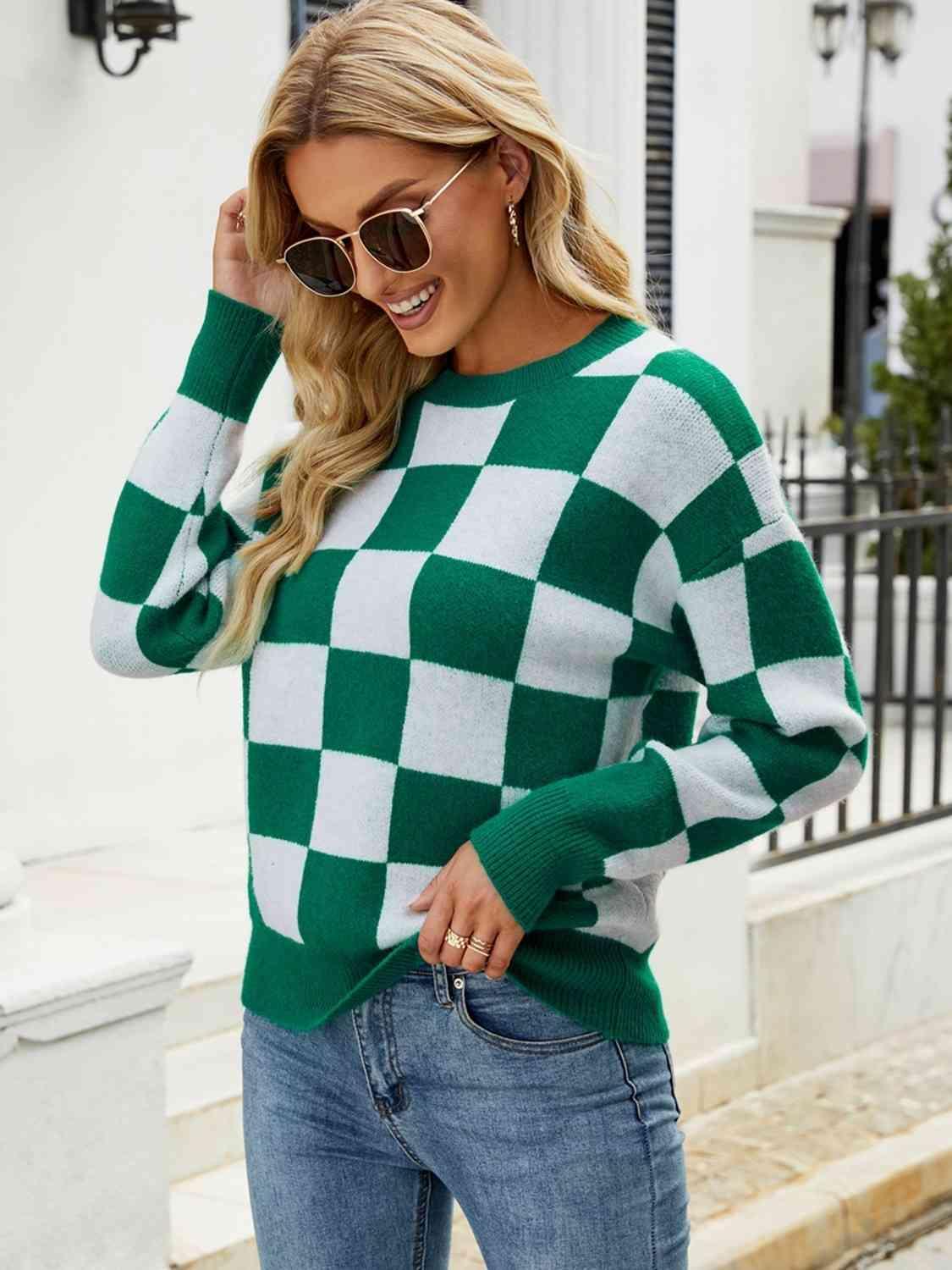 Lasting Warmth Crew Neck Checkered Sweater-MXSTUDIO.COM