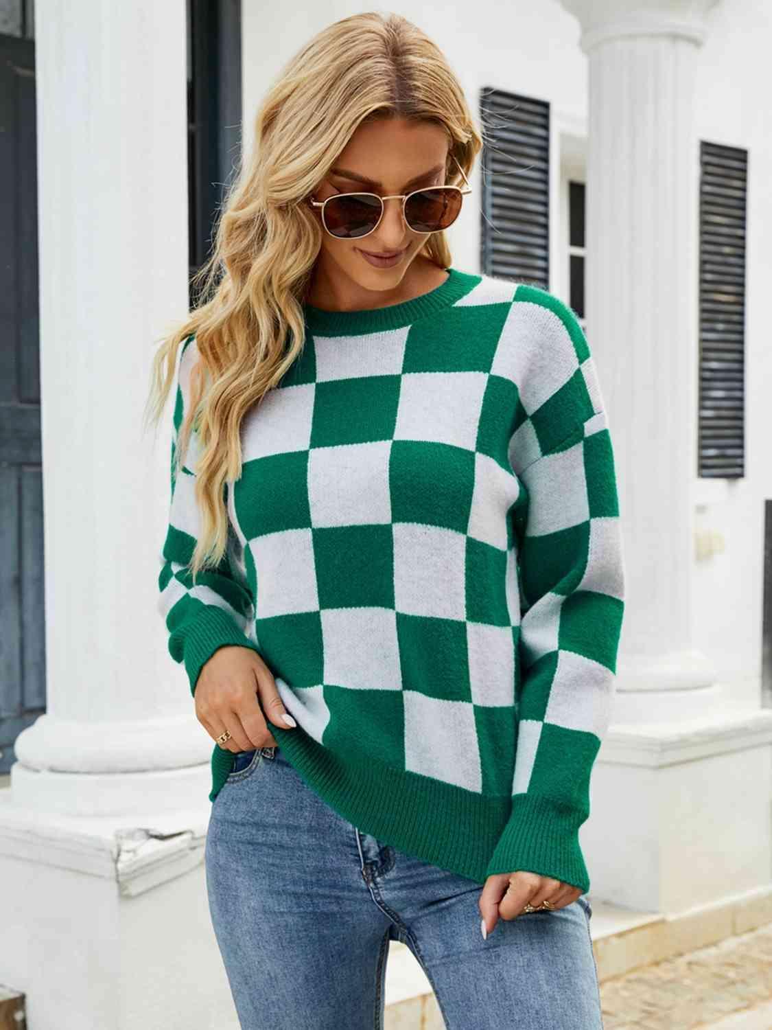 Lasting Warmth Crew Neck Checkered Sweater-MXSTUDIO.COM