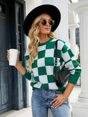 Lasting Warmth Crew Neck Checkered Sweater-MXSTUDIO.COM