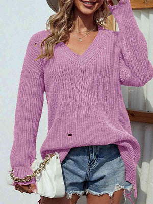 Latest Autumn Style V-Neck Distressed Sweater - MXSTUDIO.COM