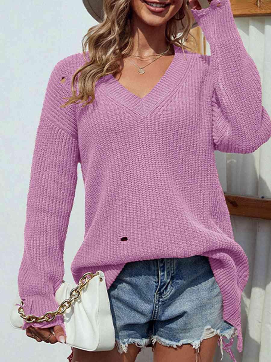 Latest Autumn Style V-Neck Distressed Sweater - MXSTUDIO.COM