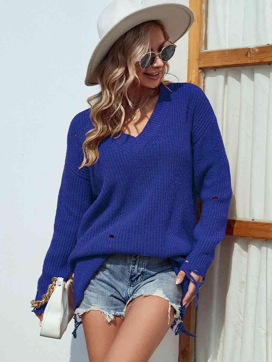 Latest Autumn Style V-Neck Distressed Sweater - MXSTUDIO.COM