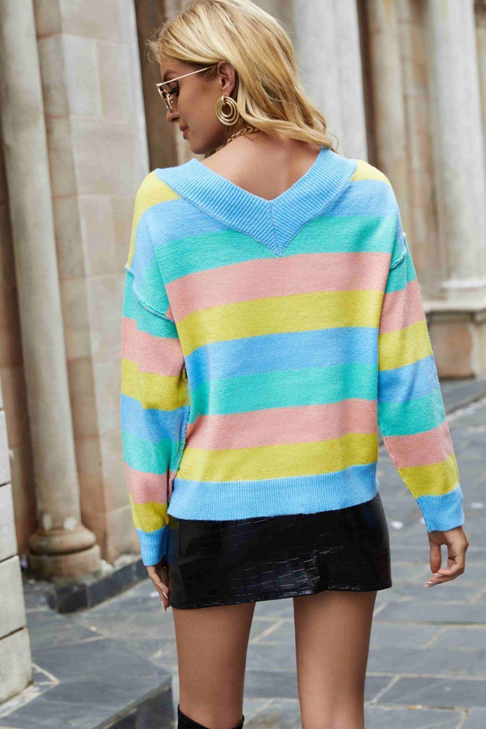 Latest Style Rainbow Striped V Neck Sweater - MXSTUDIO.COM