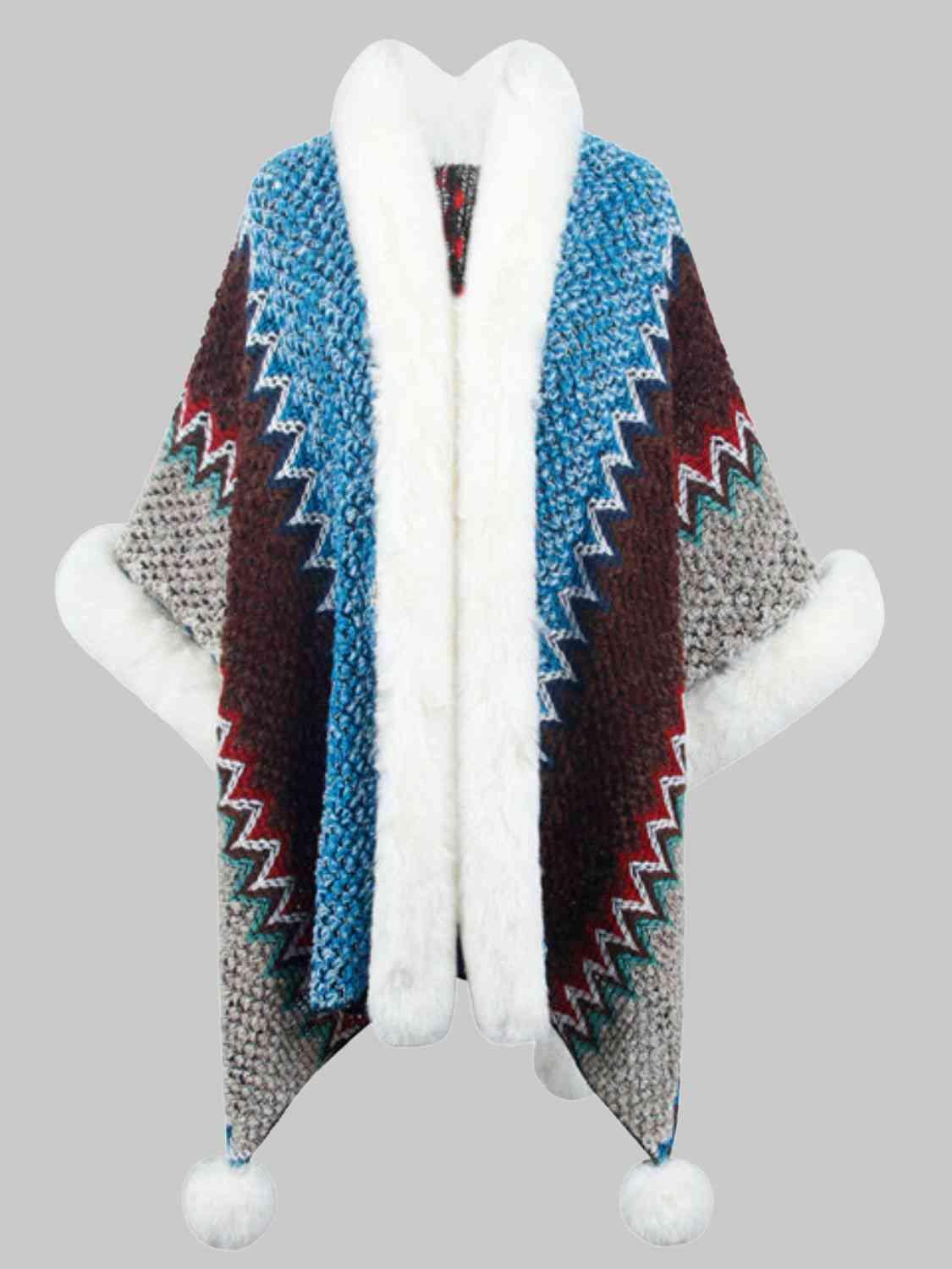 Lavish Comfort Open Front Faux Fur Trim Poncho - MXSTUDIO.COM