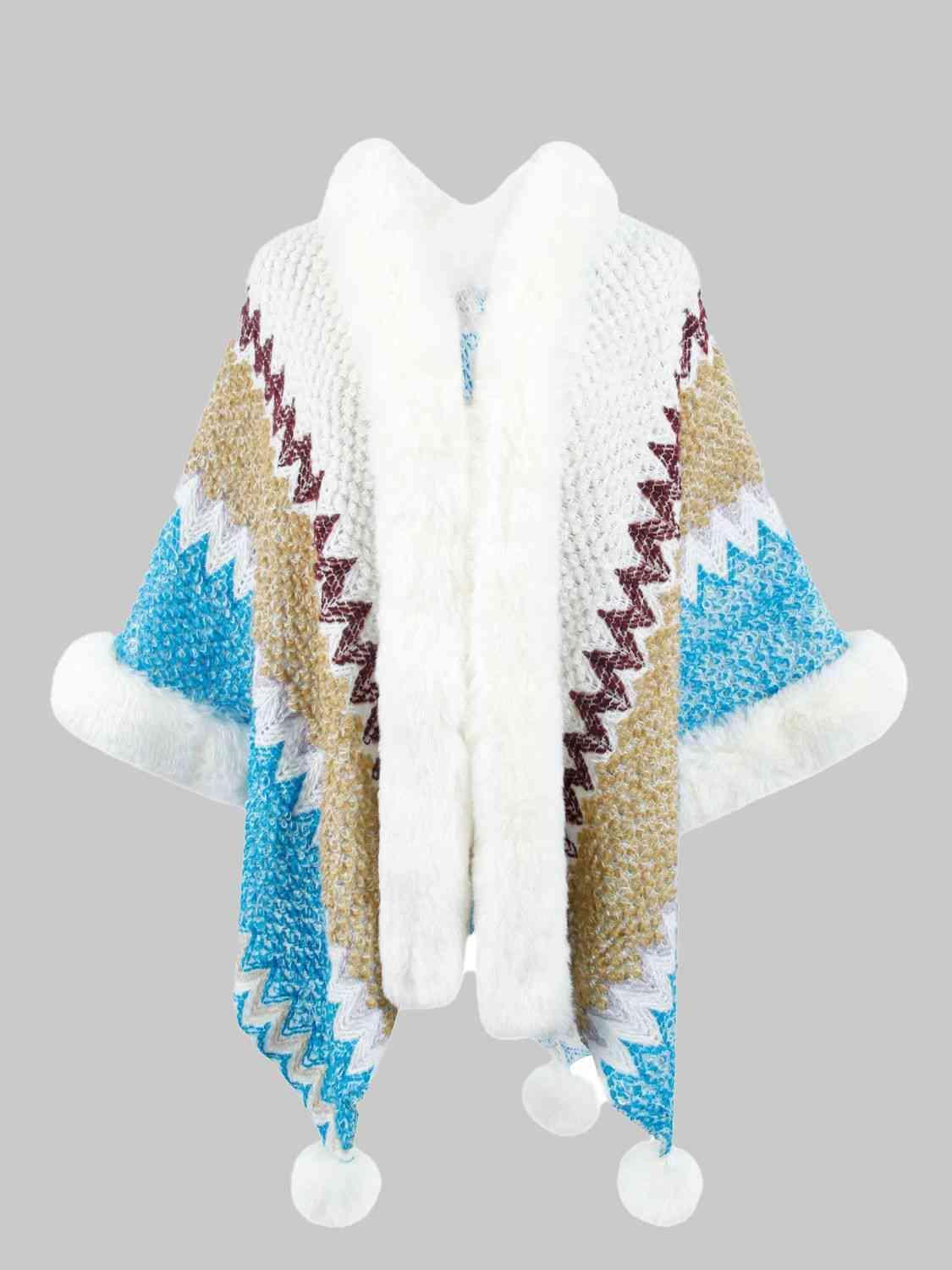 Lavish Comfort Open Front Faux Fur Trim Poncho - MXSTUDIO.COM