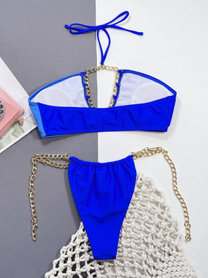 two pieces of blue and white bikini with chains