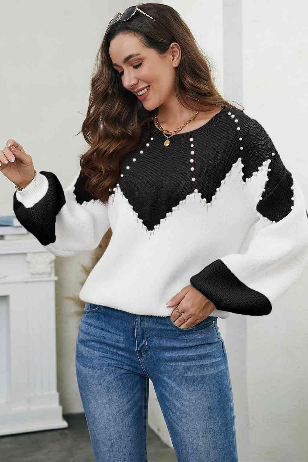 Lavish Warmth Color Block Sweater With Pearls - MXSTUDIO.COM