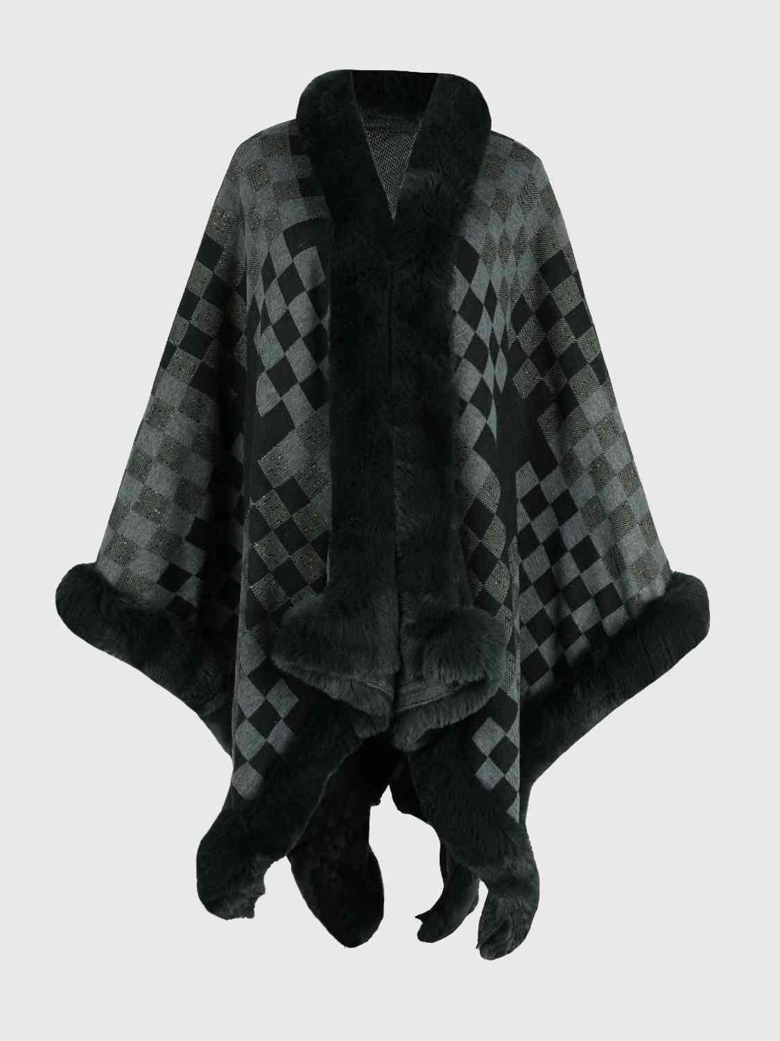 Lavish Winter Checkered Faux Fur Trim Poncho - MXSTUDIO.COM