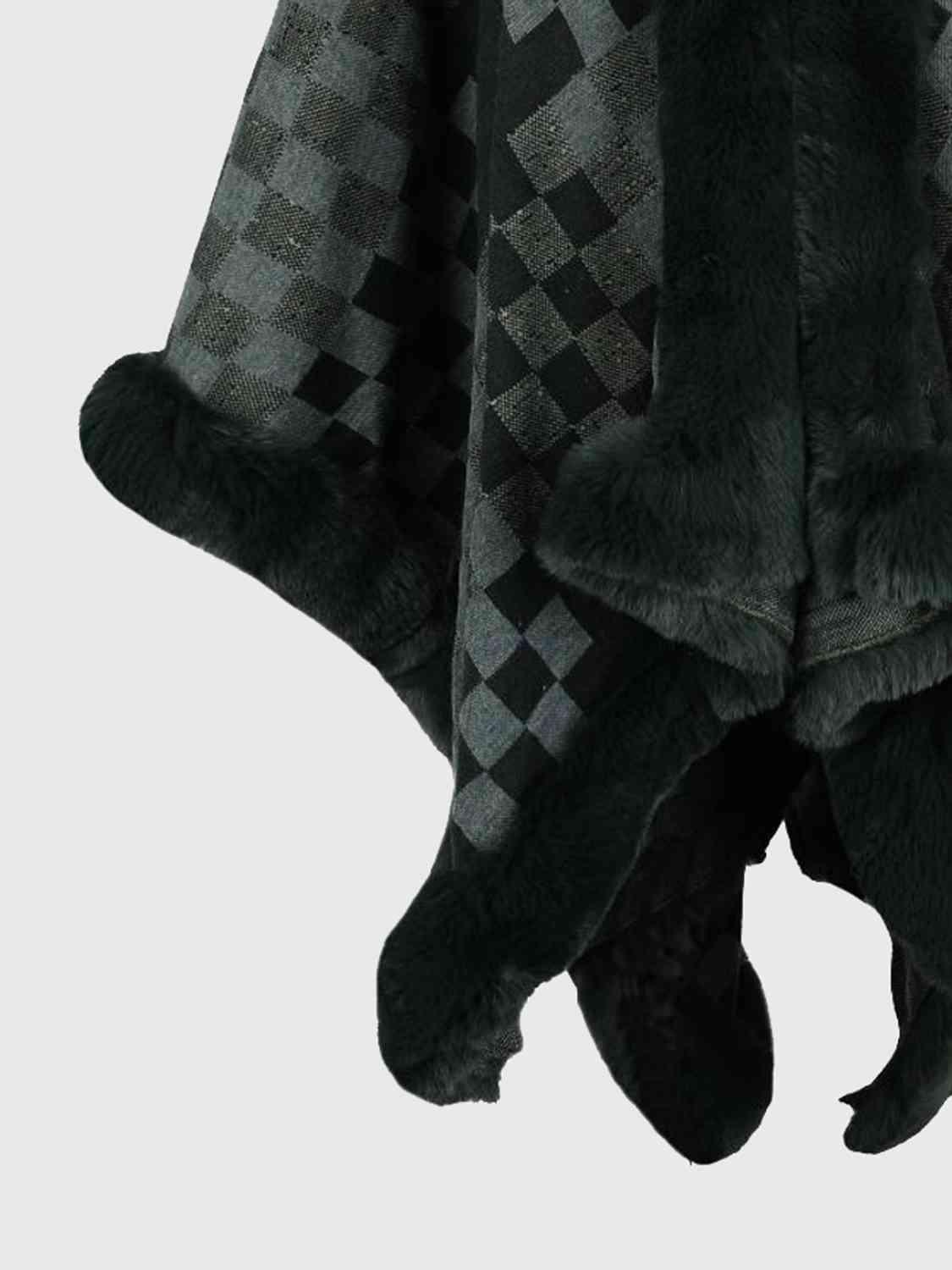 Lavish Winter Checkered Faux Fur Trim Poncho - MXSTUDIO.COM