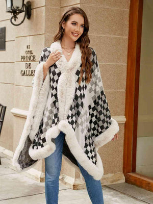 Lavish Winter Checkered Faux Fur Trim Poncho - MXSTUDIO.COM