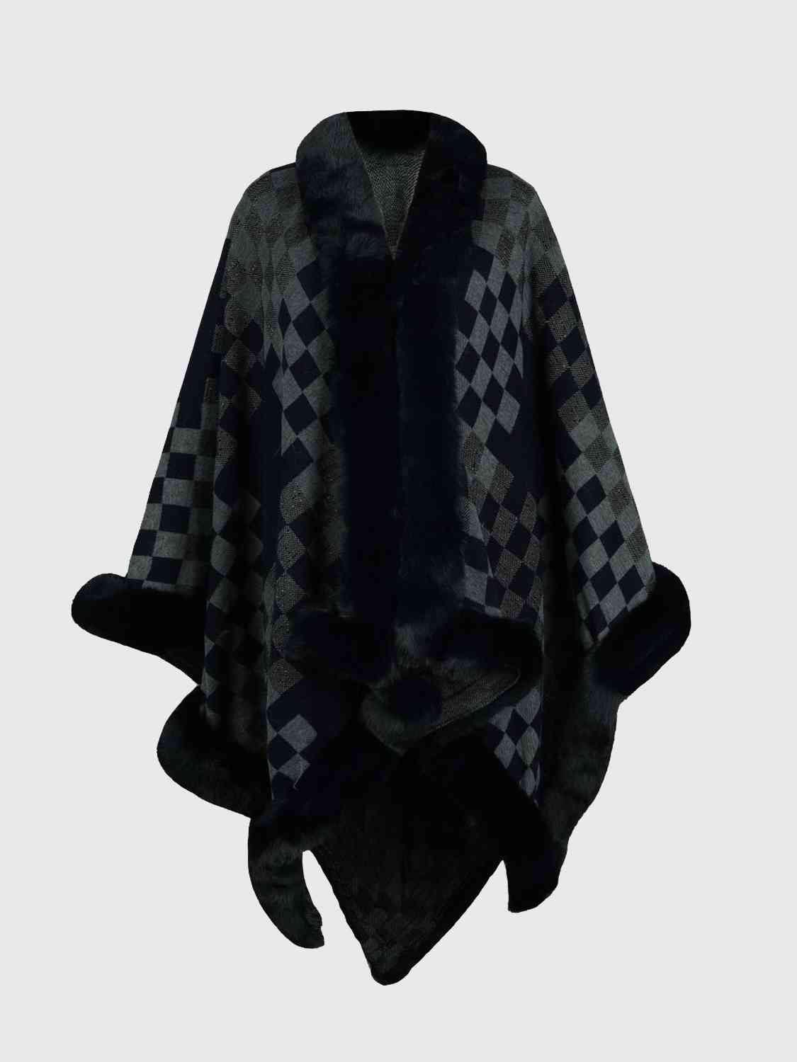 Lavish Winter Checkered Faux Fur Trim Poncho - MXSTUDIO.COM