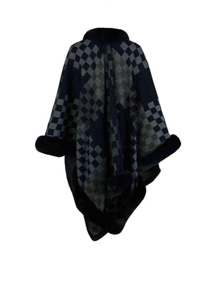 Lavish Winter Checkered Faux Fur Trim Poncho - MXSTUDIO.COM