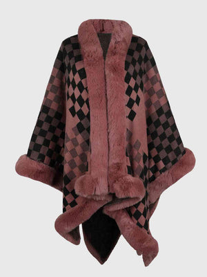 Lavish Winter Checkered Faux Fur Trim Poncho - MXSTUDIO.COM