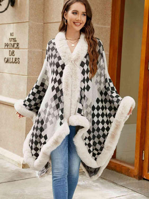 Lavish Winter Checkered Faux Fur Trim Poncho - MXSTUDIO.COM