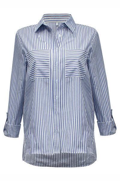 a woman wearing a blue and white striped shirt