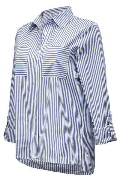 a women's blue and white striped shirt