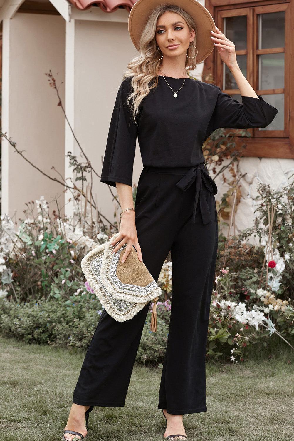 Lax Three-Quarter Sleeve Wide Leg Jumpsuit - MXSTUDIO.COM