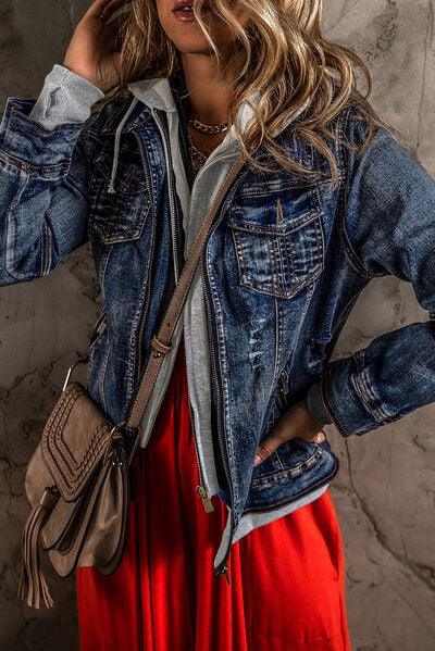 a woman in a red dress and jean jacket