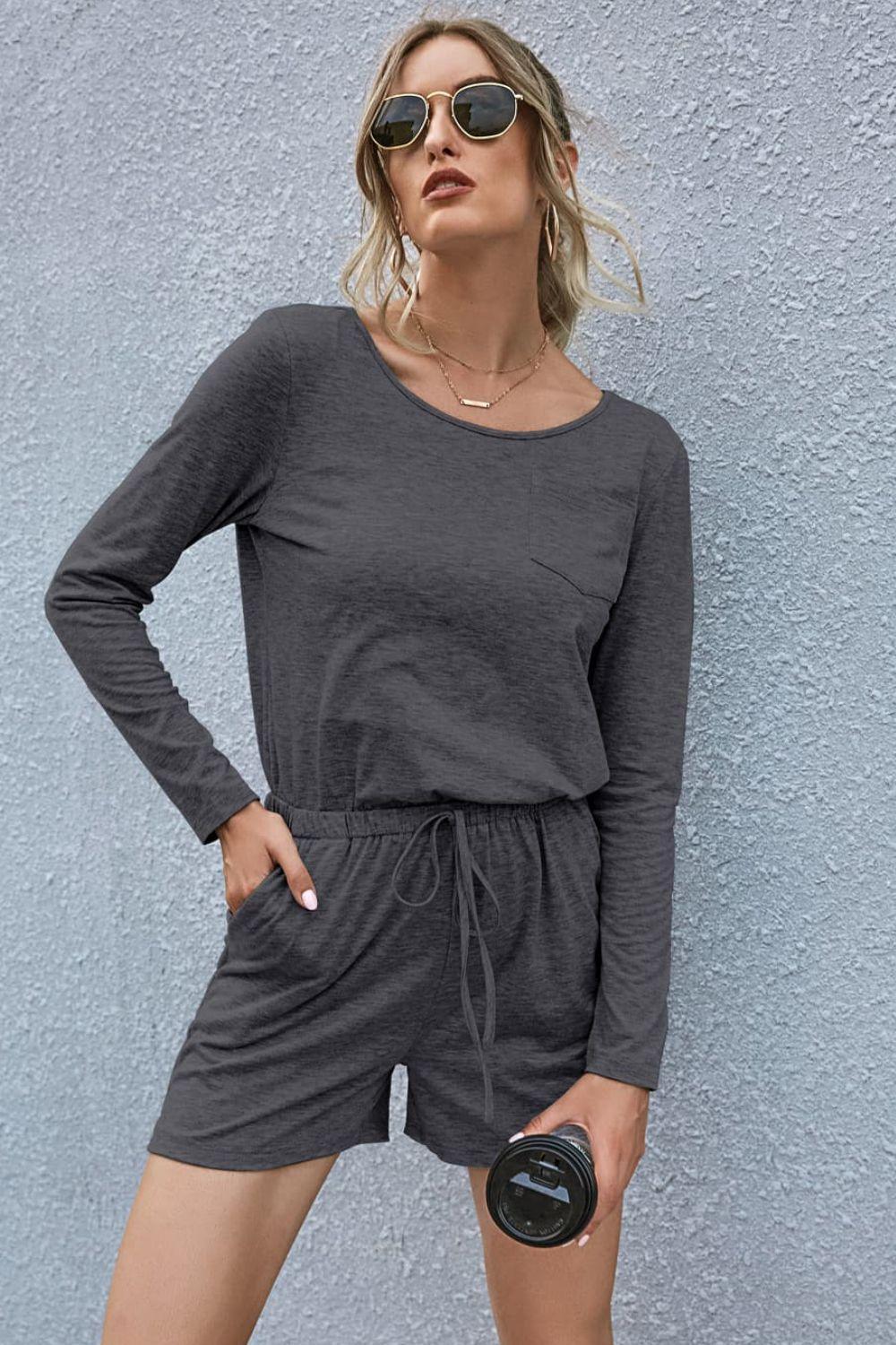 Lazy Weekend Drawstring Waist Long Sleeve Romper - MXSTUDIO.COM