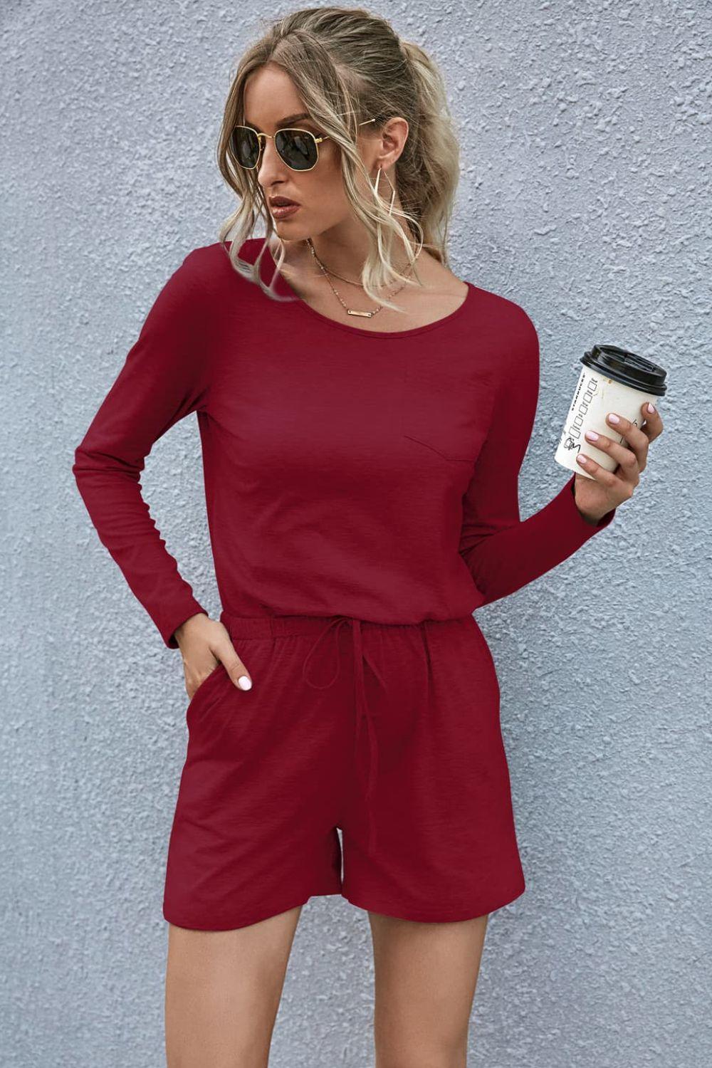 Lazy Weekend Drawstring Waist Long Sleeve Romper - MXSTUDIO.COM