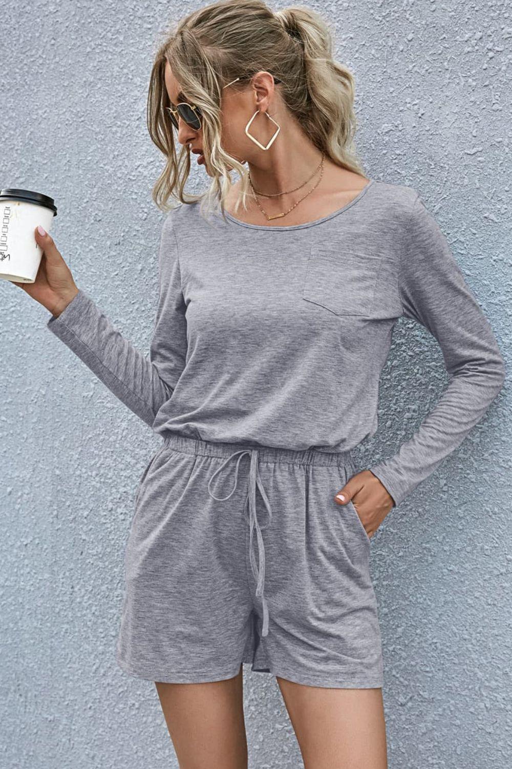 Lazy Weekend Drawstring Waist Long Sleeve Romper - MXSTUDIO.COM