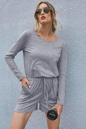 Lazy Weekend Drawstring Waist Long Sleeve Romper - MXSTUDIO.COM