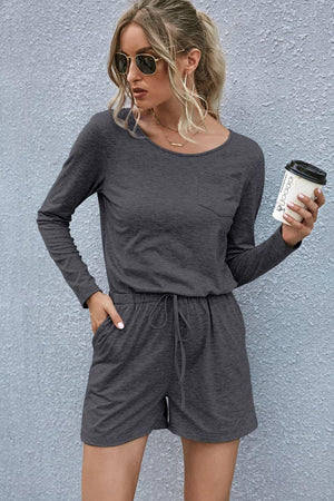 Lazy Weekend Drawstring Waist Long Sleeve Romper - MXSTUDIO.COM