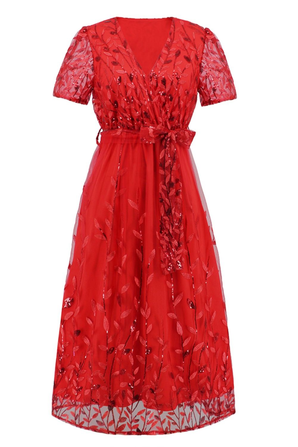 a red dress with a floral pattern on it