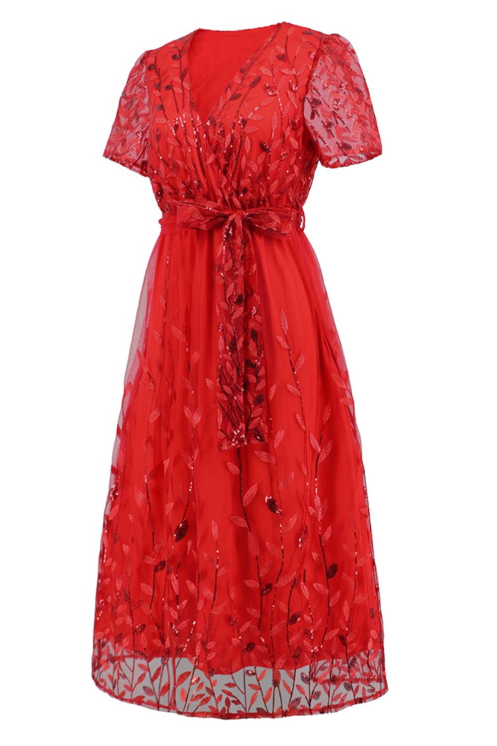 a red dress with a floral pattern on it