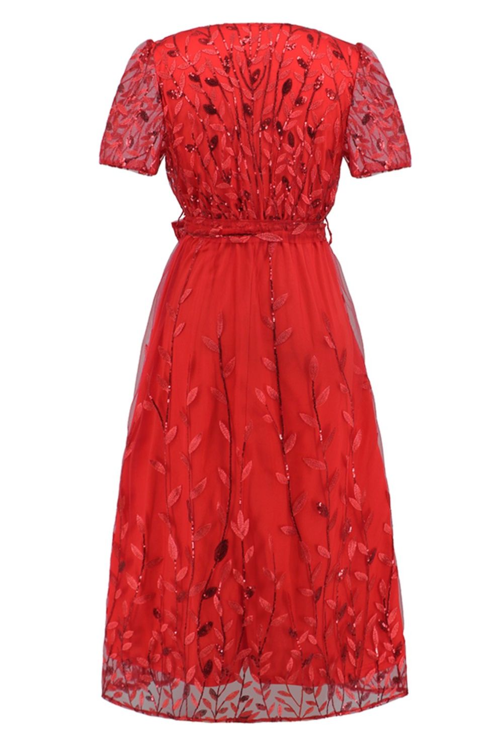 a red dress with a floral pattern on it