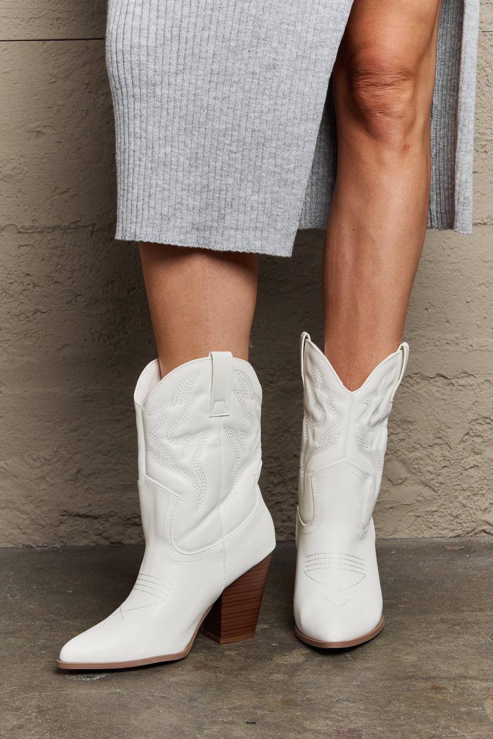 Legend Footwear Mid Block Heels White Cowboy Boots - MXSTUDIO.COM