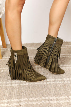 Legend Women's Tassel Olive Wedge Heel Ankle Booties - MXSTUDIO.COM