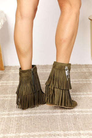 Legend Women's Tassel Olive Wedge Heel Ankle Booties - MXSTUDIO.COM