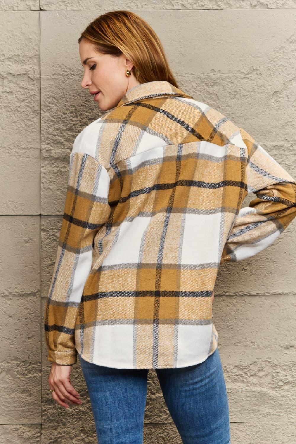 Leisure Ready Pocketed Collared Plaid Shacket - MXSTUDIO.COM