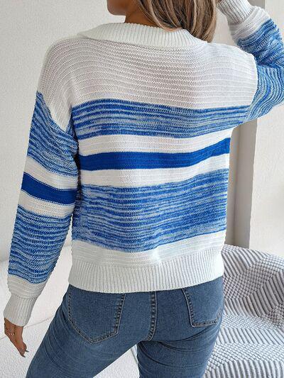 Leisure Ready Striped Collared Knit Sweater-MXSTUDIO.COM